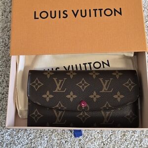 Louis Vuitton Dark Brown Monogram Wallet with Pink Button